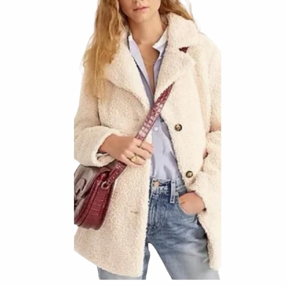 J. Crew Teddy Sherpa Jacket Ivory Button Up Faux Fur‎ Coat size small